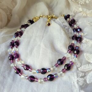Vintage 90s purple AB clear glass bead double-strand neckace ornate hook clasp‎